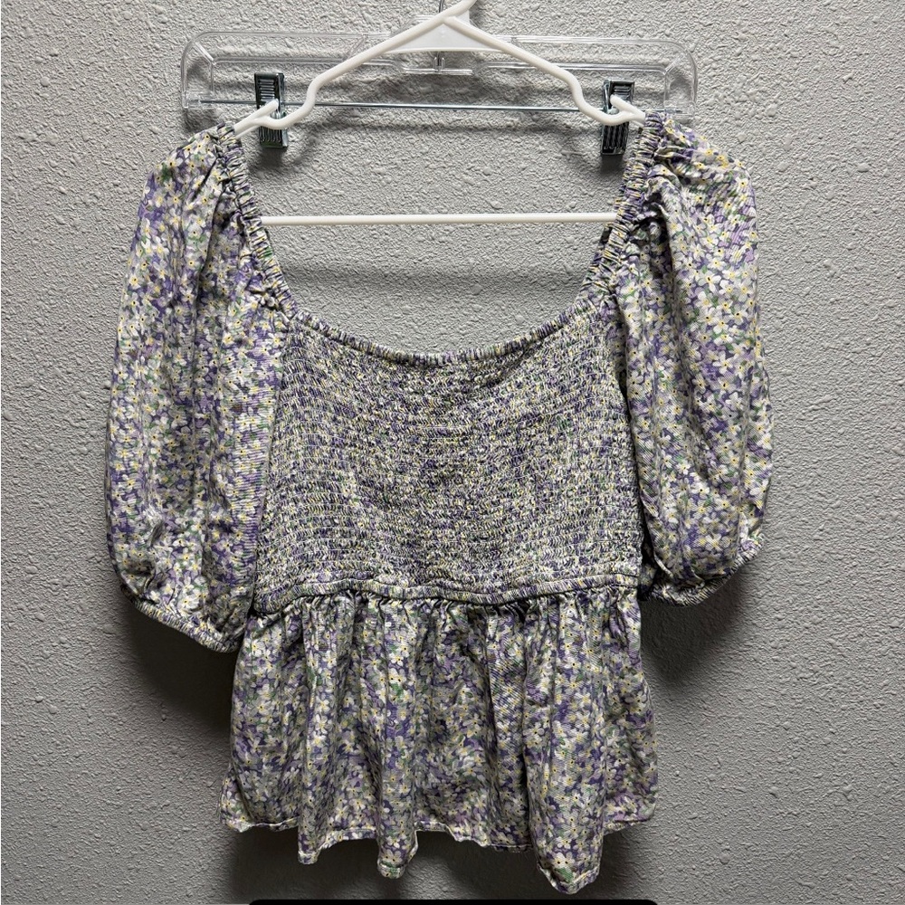 Floral Smocked Women's Top - Purple and White